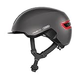 ABUS Urban Helm HUD-Y - mit magnetischem, aufladbarem LED-Rücklicht & Magnetverschluss - cooler Fahrradhelm für den Alltag - für Damen und Herren - Titan/Rot Matt, Größe L