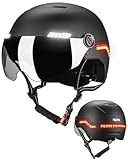 ILM Fahrradhelm Herren Damen mit Visier und LED Licht Beleuchtung Automatischem G-Sensor für Blinker Bremswarning Modell MB101L,Matt Schwarz,L/XL