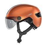 ABUS Stadthelm HUD-Y ACE - stylischer Fahrradhelm mit Visier und magnetischem, aufladbarem LED-Rücklicht - für Damen und Herren - Orange, Größe L
