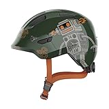 ABUS Kinderhelm Smiley 3.0 - Fahrradhelm mit tiefer Passform, kindergerechten Designs & Platz für einen Zopf - für Mädchen und Jungs - Grün mit Roboter-Muster, Größe M