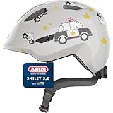ABUS Kinderhelm Smiley 3.0 - Fahrradhelm mit tiefer Passform, kindergerechten Designs & Platz für einen Zopf - für Mädchen und Jungs - Grau mit Auto-Muster, Größe M