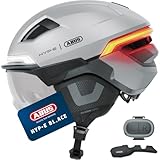 ABUS Fahrradhelm HYP-E BL.ACE - mit Front-, Rück- und Blinklicht sowie kabellos zu aktivierendem Bremslicht - mit Visier (klar) und Ohrenschützern - für Fahrrad, E-Bike und S-Pedelec - Größe L, Silber