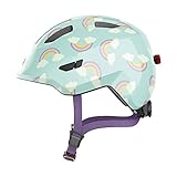 ABUS Kinderhelm Smiley 3.0 LED - Fahrradhelm mit Licht - tiefe Passform & Platz für einen Zopf - für Mädchen und Jungs - Hellblau mit Regenbogen-Muster, Größe M