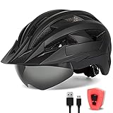 FUNWICT Fahrradhelm mit Visier für Herren Damen, Leichte Fahrradhelm mit Magnetischem Brille und USB-Aufladung LED Licht, Stylisch Mountainbike Helm (M: 54-58 cm, Schwarz)