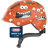 ABUS Kinderhelm Smiley 3.0 - Fahrradhelm mit tiefer Passform, kindergerechten Designs & Platz für einen Zopf - für Mädchen und Jungs - Orange mit Monster-Muster, Größe M