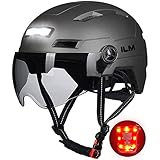 ILM Fahrradhelm mit Visier und LED Licht Mountain&Road Fahrradhelme für Damen und Herren Fahrradhelm für Pendeln in der Stadt E3-10L,Grau S-M