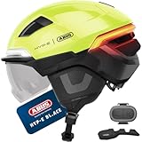 ABUS Fahrradhelm HYP-E BL.ACE - mit Front-, Rück- und Blinklicht sowie kabellos zu aktivierendem Bremslicht - mit Visier (klar) und Ohrenschützern - für Fahrrad, E-Bike und S-Pedelec - Größe M, Gelb