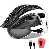 FUNWICT Fahrradhelm mit Visier für Herren Damen, Leichte Fahrradhelm mit Magnetischem Brille und USB-Aufladung LED Licht, Stylisch Mountainbike Helm (L: 57-61 cm, Schwarz Weiss)