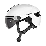 ABUS Stadthelm HUD-Y ACE - stylischer Fahrradhelm mit Visier und magnetischem, aufladbarem LED-Rücklicht - für Damen und Herren - Weiß Glänzend, Größe L