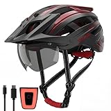 RLQA Fahrradhelm Herren Damen, MTB/Rennrad Helm mit Abnehmbarer Magnetischer Visier & Brille, Radhelm mit 24 Luftungsschlitzea, LED Rucklicht, Reithelm Verstellbare GroBe (M:54-58cm, Schwarz&Rot)